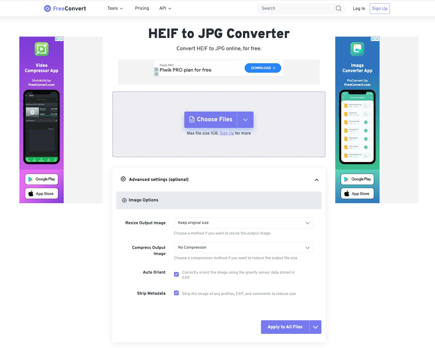 FreeConvert Du kan ladda upp en större mängd HEIC-filer och konvertera alla till jpg.